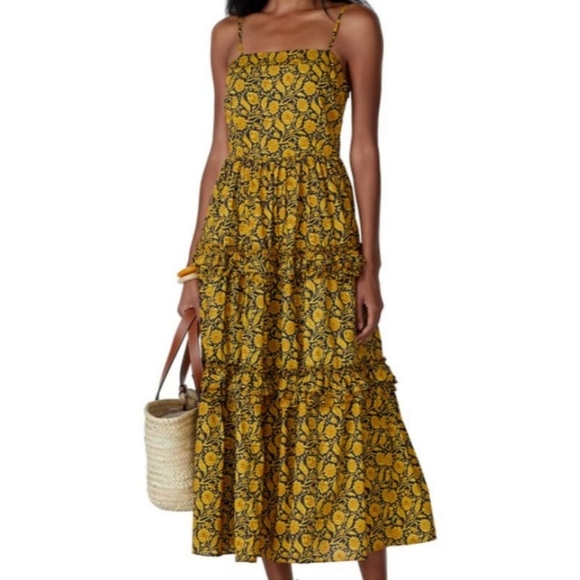 Nicholas Adele Tiered Smocked Yellow/Black Bohemian Floral Dress - Picture 1 of 15